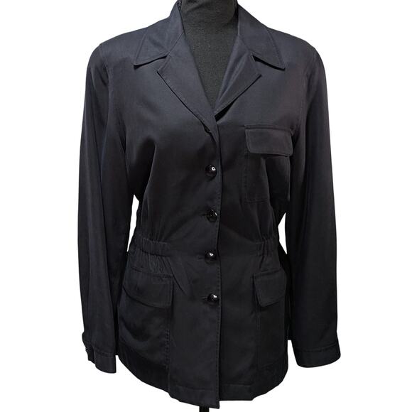 August Silk Jacket Women 6 Black 100% Silk Lightweight Button Front Pockets - Picture 1 of 14